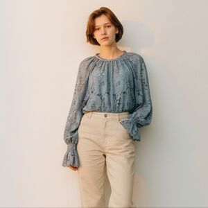 🆕️Free People Olivia Lace Balloon Sleeves Top in Washed Jade Green SZ XS